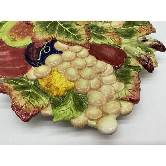 Fitz and Floyd Classic Leaf Shaped Fruit Pattern Plate with Hanging Wire Vintage - Picture 10 of 16